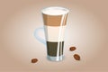 Three layer coffee drink in a transparent cup with milk foam. Unusual coffee serving. Vector illustration. Royalty Free Stock Photo