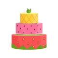 Three Layered Cake With Strawberry, Watermelon And Pineapple Decorated Big Special Occasion Party Dessert For Wedding Or