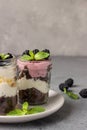 Three layered desserts with vanilla and chocolate cake, whipped cream and blackberries Royalty Free Stock Photo