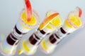 Three layered shot drink based on liqueur, cream and apple peach juice, decorated with colored sugar and a slice of apple Royalty Free Stock Photo