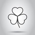 Three leaf clover icon in flat style. St Patricks Day vector illustration on white isolated background. Flower shape business Royalty Free Stock Photo