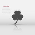 Three leaf clover icon in flat style. St Patricks Day vector illustration on white isolated background. Flower shape business Royalty Free Stock Photo