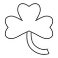 Three leaf clover thin line icon. Irish shamrock plant leaf outline style pictogram on white background. Floral Saint