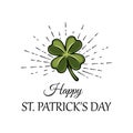 Three leaf green clover leaf in beams, an attribute to St. Patrick s day. Vector illustration.