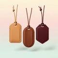 Three leather tags on strings in different shades of brown Royalty Free Stock Photo