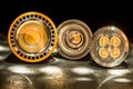 Three LED GU10 bulbs with various plastic diverging lenses Royalty Free Stock Photo