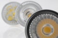 Three LED GU10 bulbs with various plastic scattered light