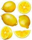 Three lemons isolated on white. Lemon slice, half cut lemon illustrations. Royalty Free Stock Photo