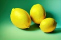 three lemons are sitting on a green surface with a blue background and a green background behind them