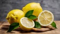 Three lemons on a wooden cutting board