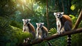 Three Ring Tailed Lemurs Posing on a Branch in Lush Green Rainforest Royalty Free Stock Photo