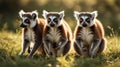 Three Ring-Tailed Lemurs Sitting Together on a Grassy Lawn, Wildlife Observation Royalty Free Stock Photo