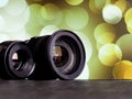 Three of lens to camera put in row. dslr camera lens with bokeh reflections. camera lens background, Photographic camera lens
