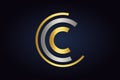 Three Letters C vector logo in silver and gold colors isolated on dark background. Royalty Free Stock Photo