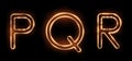 Three letters PQR drawn with a fiery line with sparks on a dark background. Very realistic illustration
