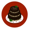 Three-level chocolate cake with the words Happy Birthday and cherries