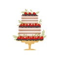 Three-level striped cake. Decorated with strawberries and blueberries. Vector illustration on white background. Royalty Free Stock Photo