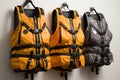 Three life jackets on the wall with zippers