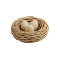 Three light brown eggs nestled in a rustic woven bird\'s nest, perfectly isolated on transparent background, ready for spring and Royalty Free Stock Photo