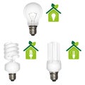 Three light bulbs with ecological symbols. Vector icons set.