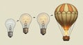 Three light bulbs gradually transform into a hot air balloon. Each bulb increases in Royalty Free Stock Photo