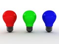 Three light bulbs with RGB colors. 3D image Royalty Free Stock Photo