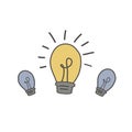 Three light bulbs. Vector drawing in the style of doodle. The light bulb shines