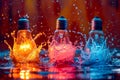 Three light bulbs are in water and they are glowing. Generative AI Royalty Free Stock Photo