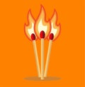 Three Lighted Matches vector illustration on an Orange background Royalty Free Stock Photo