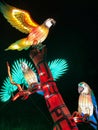 Three colorful parrots light display at China Lights in Hales Corner, Wisconsin with hanging red Chinese lanterns