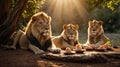 A Luxurious Lion\'s Feast: Majestic Lions Enjoying a Gourmet Meal Under the African Sun Royalty Free Stock Photo