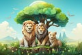 three lions sitting under a tree in a grassy field