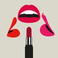 Three lips with one lipstick. Lipstick color choice. Lipstick desire.