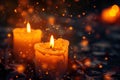 Three lit candles casting warm glow on table surface Royalty Free Stock Photo