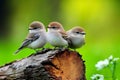 Three little birds sitting on top of a tree stump Royalty Free Stock Photo