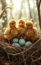 Three little chickens and easter eggs in the nest Royalty Free Stock Photo