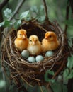 Three little chickens and eggs in nest Royalty Free Stock Photo