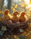 Three little chickens sit in the nest Royalty Free Stock Photo