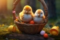 Three little chickens are sitting in a basket with Easter eggs Royalty Free Stock Photo