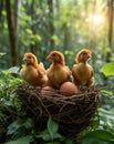 Three little chickens are sitting in the nest with eggs in the natural forest background,concept of new life Royalty Free Stock Photo
