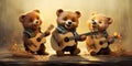 Three little cute baby bears playing acoustic guitars