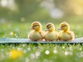 Three little ducks sitting on a mat in the grass under natural sunlight Royalty Free Stock Photo