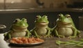 three frogs sitting in front of a plate