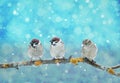 Three little funny birds sitting in a Christmas Nativity Park du Royalty Free Stock Photo