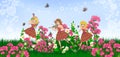 Three little girl plays music in the garden illustrations