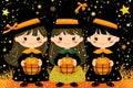 Three little girls dressed as witches holding pumpkins on a starry night, AI