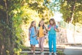 Three little girls going to school Royalty Free Stock Photo