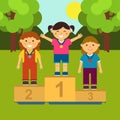 Three little girls on the pedestal. Illustration of ceremony of awarding medals in cartoon style.