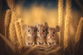 Three little mice in a wheat field on a background of golden wheat ears. Generative AI Royalty Free Stock Photo