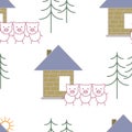 Three little pigs fairy tale. Vector illustration isolated on white background. Seamless pattern. Royalty Free Stock Photo